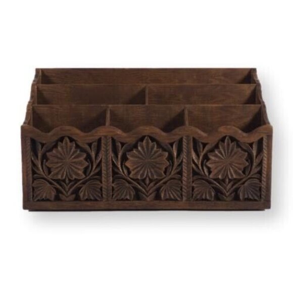 Vintage Desk Top Organizer MCM Lerner Molded Faux Carved Wood Letter Mail Bill - Picture 2 of 7